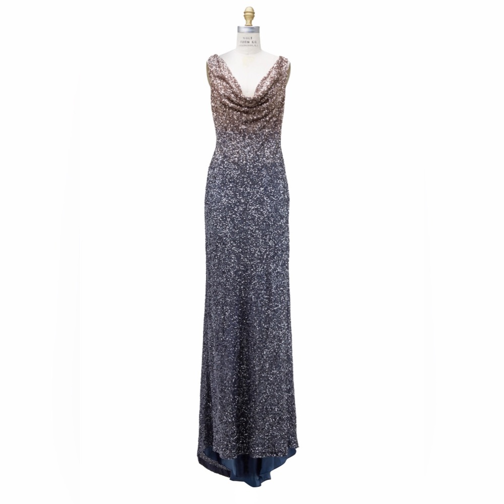 Pamella Roland Beige & Silver Ombré Sequin Gown
